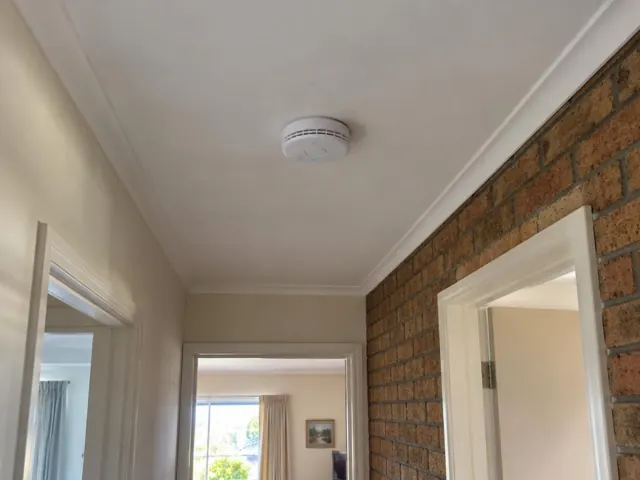 Ceiling-mounted smoke alarm in a hallway with brick feature wall and doorways in Speers Point